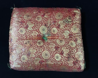 J1829 Japanese Vintage Zabuton Cushion Gold Embroidery Floral Zen Decor