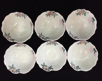 R0880 Vintage Porcelain Arita Bowl Peach Floral Small Dish Set of 6 Signed