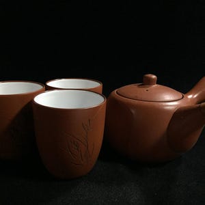 U1551 Vintage japansk Kyusu tekanna set 3 koppar röd lera keramik 4 delar Sencha