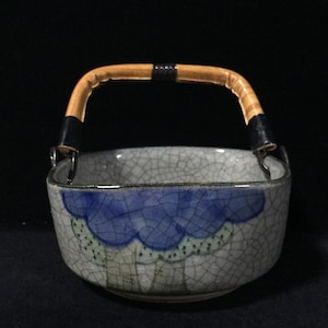 S1201 Vintage japansk keramik skål med handtag, krackelerad glasyr, keramisk korg