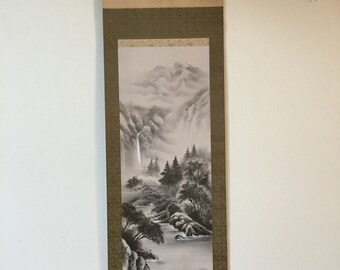 T1730 Japanese Vintage Hanging Scroll KAKEJIKU Hand Paint Silk Landscape