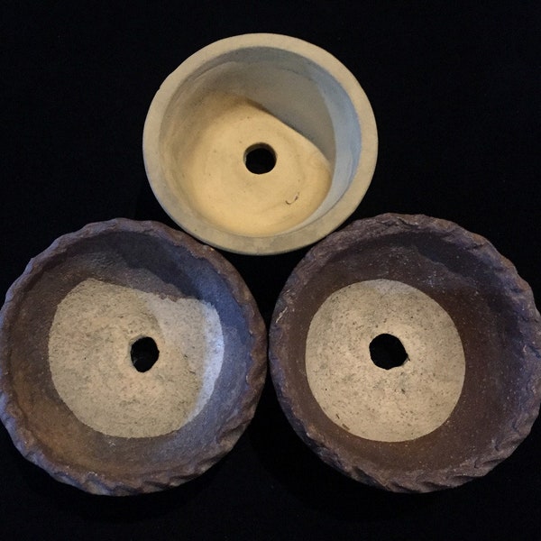 R0544 Japanese Pottery BONSAI Pot Set Vintage 3pc Arrangement Interior
