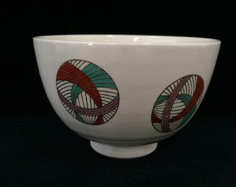 R1468 Vintage japanische Matcha-Teeschale Chawan Keramik Temari Geometrisch Signiert