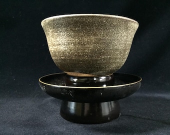 O0173 Vintage Japanese Tenmoku Tea Bowl Ceramic Matcha Chawan Black Stand Set