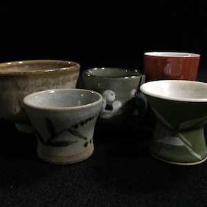 J1601 Japanese Vintage Sake Cup Set of 5 Assorted Pottery Guinomi Ochoko Zen