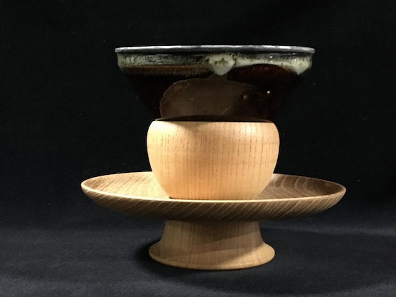 K1717 Vintage Japanese Tenmoku Matcha Tea Bowl Chawan With Wooden Stand Set