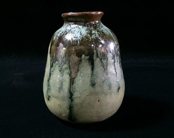 S0327 Vintage japanische Keramikvase, grün-braune Flambé-Tropfglasur