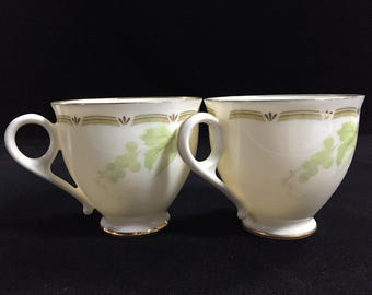 K0643 Japanese Vintage Porcelain Tea Coffee Cup Pair Grape Pattern Set Signed