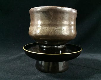 O0174 Vintage japansk Tenmoku teskål keramisk matcha chawan svart stativset