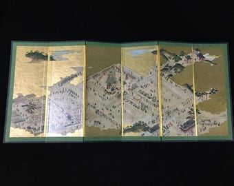 N0874 Vintage Japanische Paracord Gold Blatt Edo Landschaft Malerei Kunst