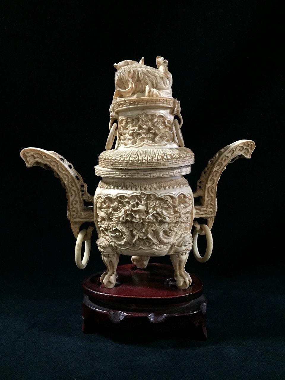 N0380 ヴィンテージ 中国製 蓋付き香炉 模造彫刻骨樹脂製像 - Etsy 日本