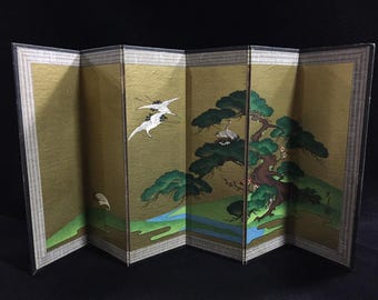 M1842 Vintage Japanese Folding Screen Miniature Byobu Gold Crane Pine Tree