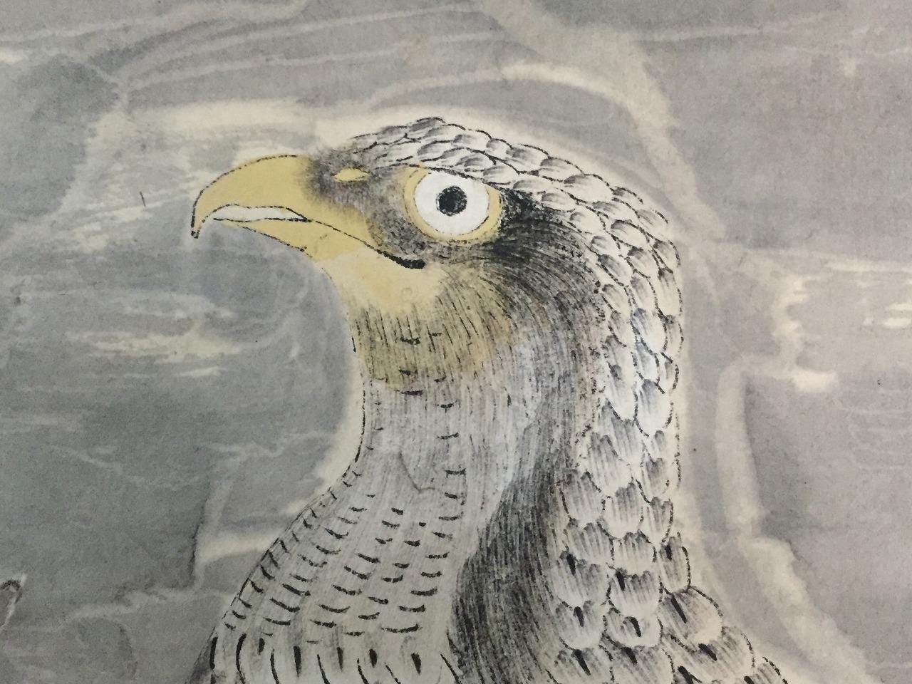 L0894 ヴィンテージ手描き日本掛け軸 鷹 松の木 鳥 紙アート - Etsy 日本
