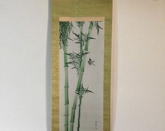 T1698 Japanese Vintage Hanging Scroll KAKEJIKU Hand Paint Silk Bamboo Bird