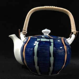 N0325 Vintage Arita Hasami Teapot Large Blue Stripe Green Tea Pot With Handle
