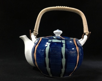 N0325 Vintage Arita Hasami Teekanne Große Blaue Streifen Grün Teekanne Mit Griff