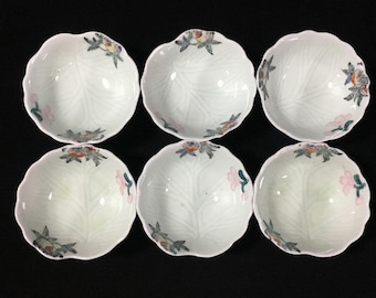 N0321 Vintage Kutani Arita Dessert Schüssel Japan Porzellan Pfirsich Blatt 6tlg