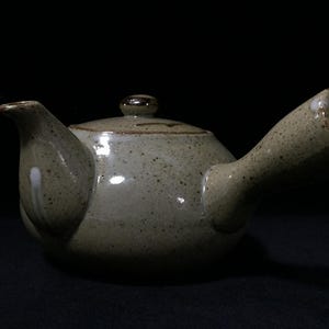 Op de afbeelding: Een gespikkelde, olijfgroene keramische theepot met een zijhandvat en een deksel. De tuit en het handvat zijn afgerond en het deksel heeft een kleine knop. Ontworpen voor het zetten van thee.
