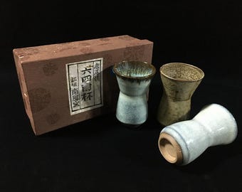 O1513 Vintage Japanische Keramik Sake Tasse Tropfglasur Mit Tomobako Set 3