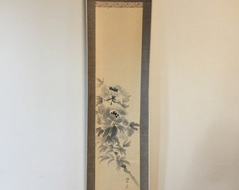 U0525 Japanese Vintage Hanging Scroll KAKEJIKU Hand Paint Paper Flower Leaf