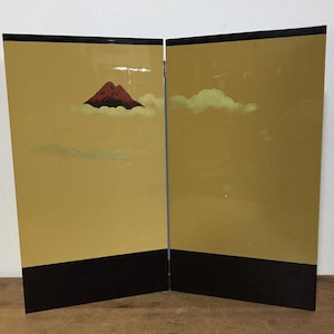 P1109 Vintage Japanese Folding Screen Byobu Mt Fuji Gold 2 Panel Room Decor
