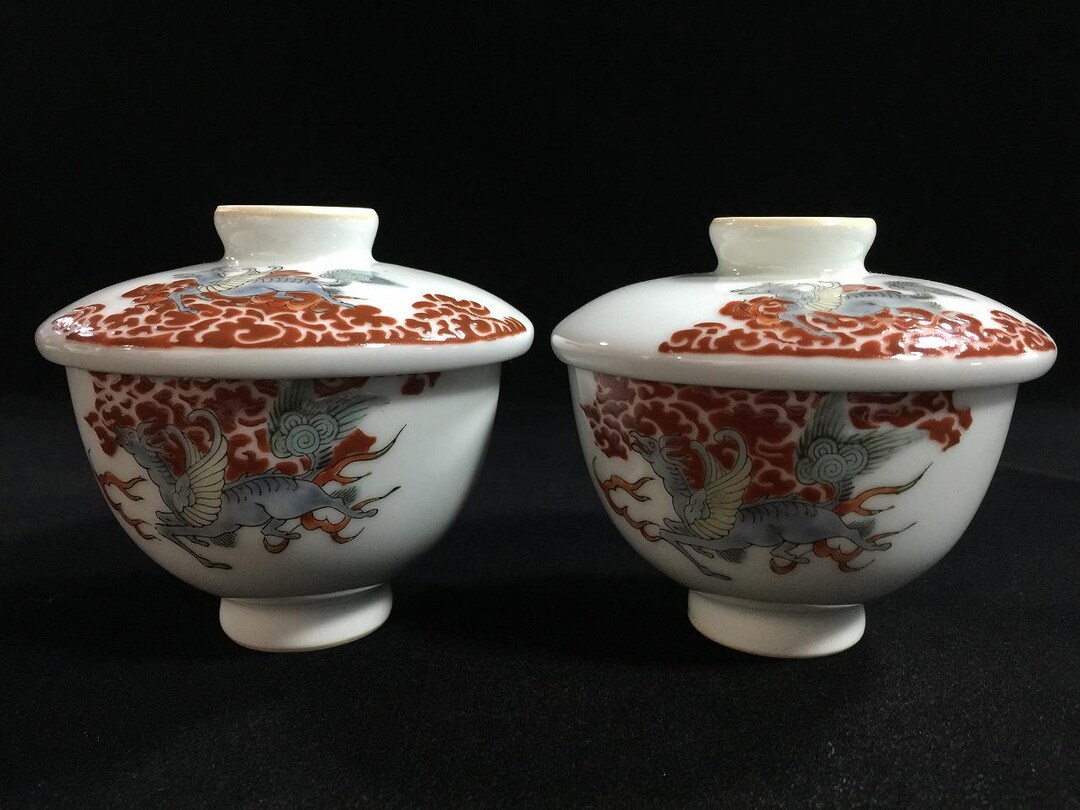 G0844 G0844 Japanese Vintage ARITA KINRANDE Phoenix Lidded Tea Cup Bowl Set ...