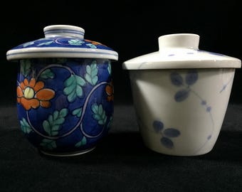 K0349 Japanese Vintage Set of 2 Lidded Bowl KOBACHI Flower Pattern Signed