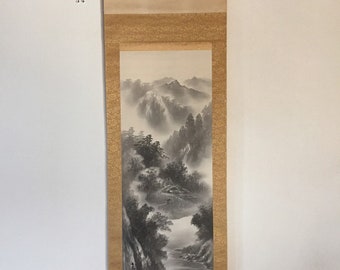 T1383 Japanse hangende scroll KAKEJIKU Vintage handverf zijdelandschap