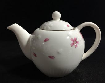 S1048 Vintage Japanese Ceramic Sakura Teapot White Pink Relief Floral Maker