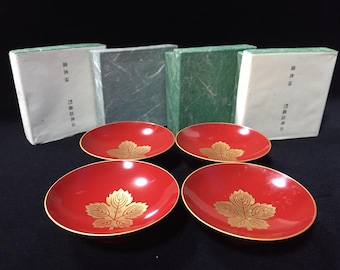 O0951Vintage Japanese Sake Cup Sakazuki Red Gold Kaji Leaf Shinto Ritual 4pc
