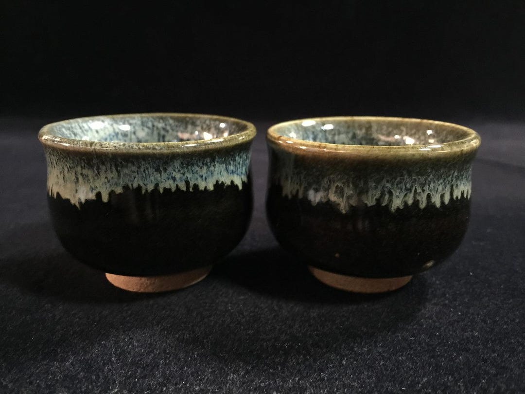 E0855 Japanese Pottery Tea Cup YUNOMI Set 2pc Vintage Signed Glaze ...