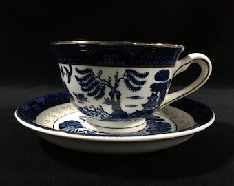 J0800 Blå Pil Japansk Vintage Tekopp och Fat Guldkant Förgylld Nikko