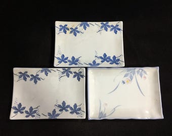 S0690 Vintage Japanese Porcelain Rectangular Plates Set of 3 Assorted Signed
