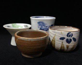 N0965 Vintage Signed Japanese Sake Cups Set of 4 Ceramic Ochoko Guinomi Assorted