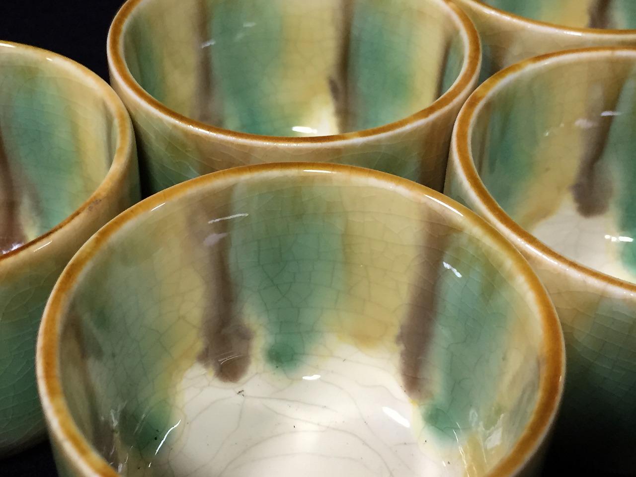 O0288 ヴィンテージ日本製陶器湯呑みカップ5客セット 緑釉 貫入釉 