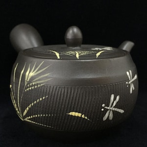 R1759 Vintage japansk Kyusu-tekanna med lock, trollslända, pampasgräs, keramik