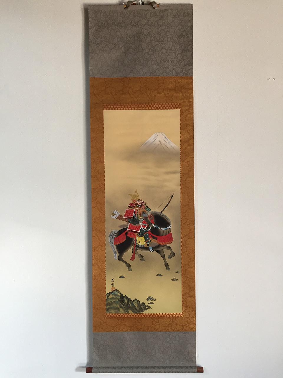 W0977 日本製ヴィンテージ掛け軸 掛軸 手描きシルク サムライ 鎧