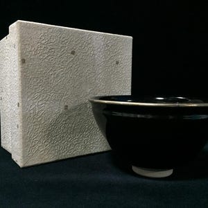 Può includere: Una ciotola in ceramica nera lucida con bordo metallico, posizionata accanto a una scatola quadrata color bianco sporco caratterizzata da una superficie testurizzata e stropicciata. La ciotola ha una finitura scura liscia e base bianca.