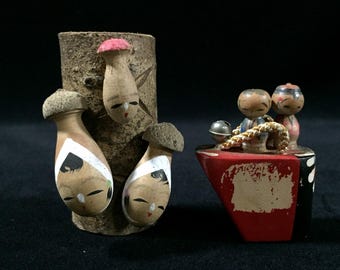K0287 Japoński zestaw lalek Kokeshi Vintage, miniaturowy drewniany grzyb, sztuka ludowa