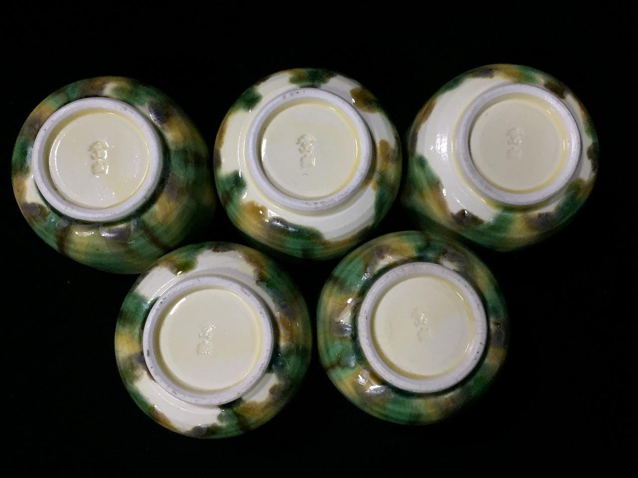 O0288 ヴィンテージ日本製陶器湯呑みカップ5客セット 緑釉 貫入釉 