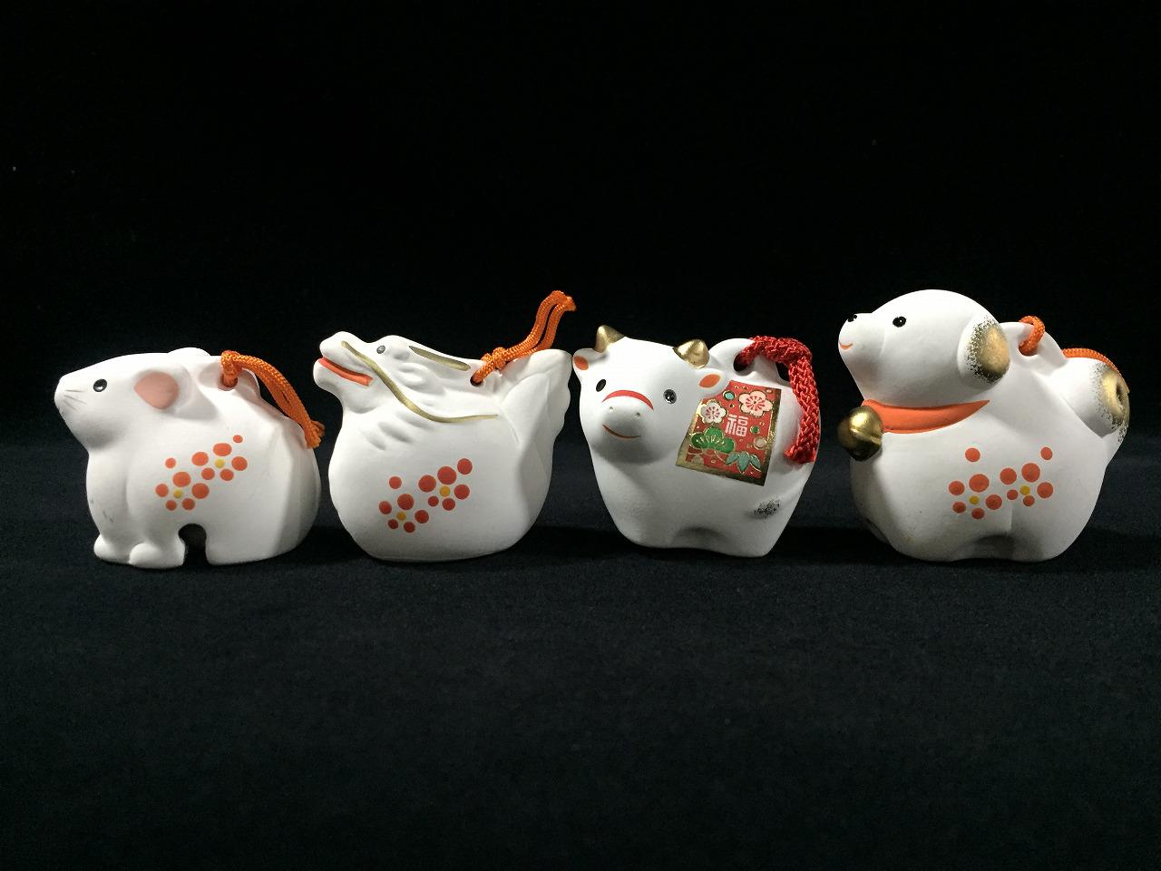 飾り年代物 B1612 Japanese Ceramic Bell Set 4pc Vintage Zodiac OKIMONO