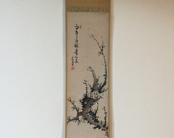 R1585 Japanese Vintage Hanging Scroll KAKEJIKU Hand Paint Paper Plum Tree