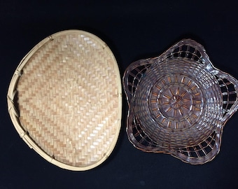 K0792 Vintage Japanischer Bambuskorb Set 2 Blumenform Obstschale Woven Zaru