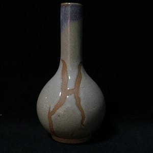 U1003 / Vintage Japanse vaas met lange hals, Tsurukubi aardewerk bloempot kunst