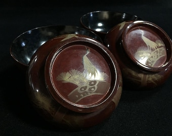 J1563 Japanese Vintage Lacquerware Soup Bowls Maki-e Crane Pine Design Set of 2