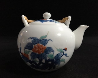 J1220 Teiera giapponese vintage Kyusu con manico in bambù e decorazioni floreali in porcellana, firmata