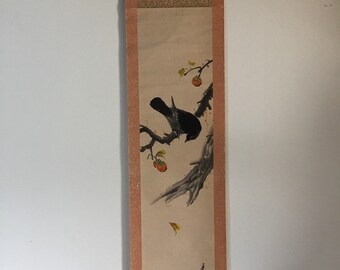 T1865 Japanese Vintage Hanging Scroll KAKEJIKU Hand Paint Paper Crow Persimmon