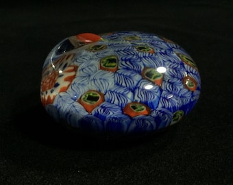 K0764 Vintage Millefiori Art Glass Paperweight Peacock Feather Pattern Blue