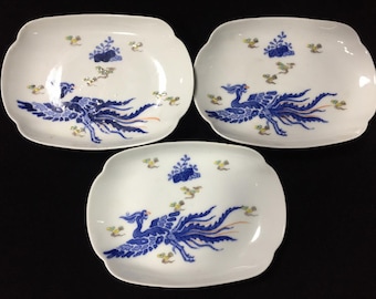 K1868 Vintage Japan Blue Phoenix Porcelain Plate 3pc Rectangular Dish Signed