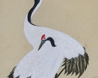 N1176Vintage Japanese Hand Painted Hanging Scroll Silk Painting Crane Sun